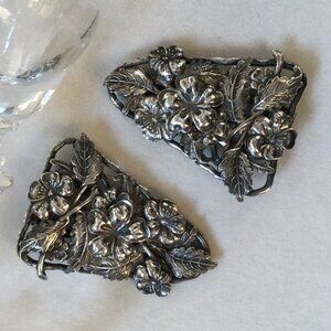 Rare Art Nouveau Floral Silver Dress Clips – Matching Pair Vintage 1920s–40s